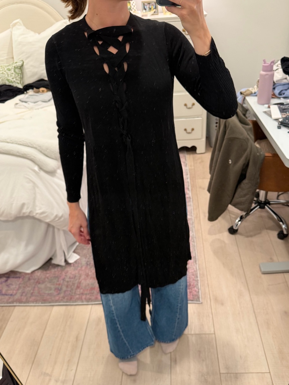 Per Se Black Long-Sleeve Lace-Up Knit Tunic - vintage y2k Per Se by Carlisle